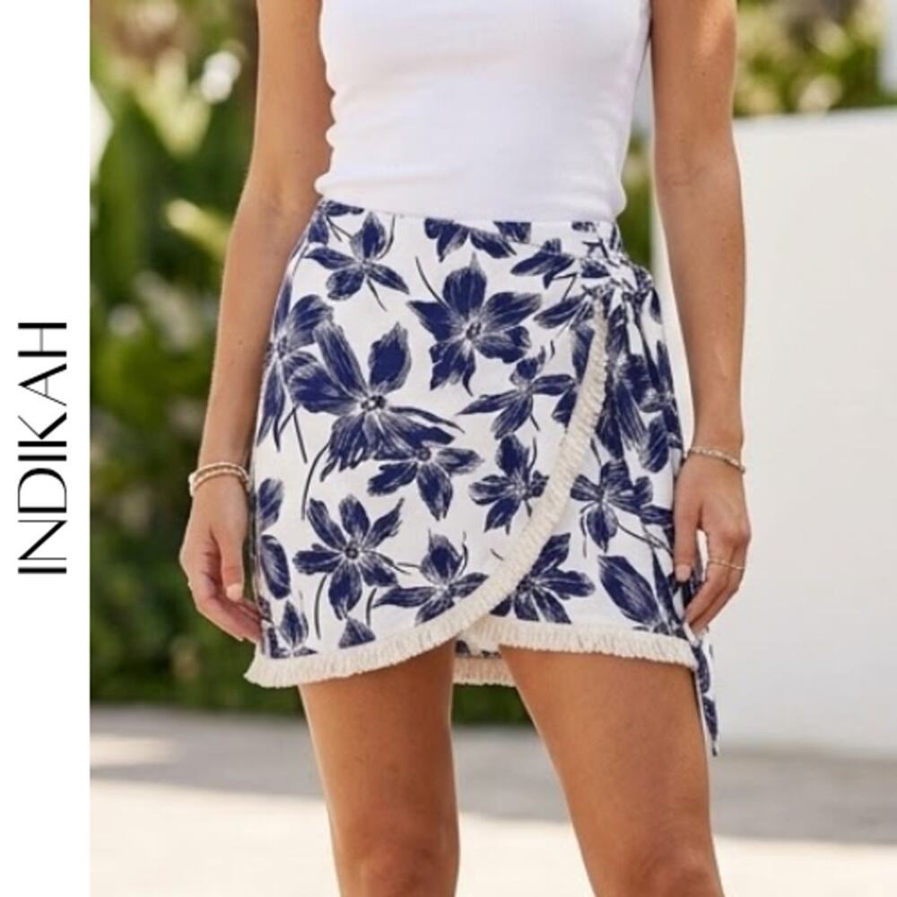 INDIKAH Blue White Floral Wrap Skort Fringe Trim 8 | Boho Summer Skort